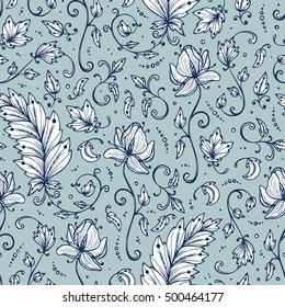 Vintage Vector Floral Seamless pattern. Hand drawn Decorative Leaves with Flower.   Ornamental Leaf background.