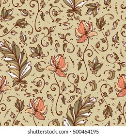 Vintage Vector Floral Seamless pattern. Hand drawn Decorative Leaves with Flower.   Ornamental Leaf background.