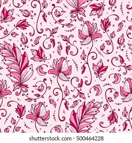 Vintage Vector Floral Seamless pattern. Hand drawn Decorative Leaves with Flower.   Ornamental Leaf background.