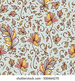 Vintage Vector Floral Seamless pattern. Hand drawn Decorative Leaves with Flower.   Ornamental Leaf background.