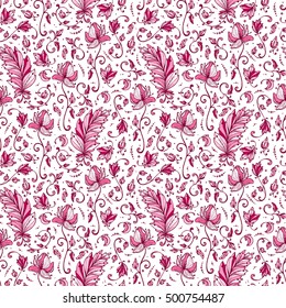Vintage Vector Floral Seamless pattern. Hand drawn Decorative Leaves with Flower.   Ornamental Leaf background