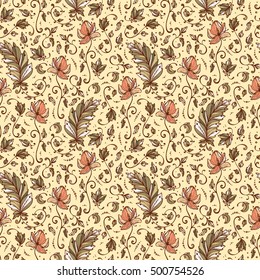 Vintage Vector Floral Seamless pattern. Hand drawn Decorative Leaves with Flower.   Ornamental Leaf background