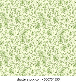 Vintage Vector Floral Seamless pattern. Hand drawn Decorative Leaves with Flower.   Ornamental Leaf background