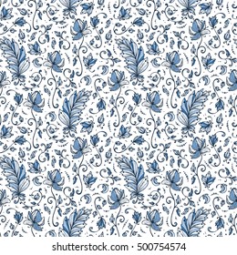 Vintage Vector Floral Seamless pattern. Hand drawn Decorative Leaves with Flower.   Ornamental Leaf background