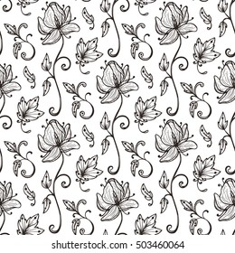 Vintage Vector Floral Seamless pattern. Hand drawn Decorative Leaves with Flower. Ornamental Leaf background.
