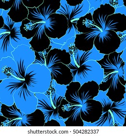 Vintage vector floral seamless pattern in black and blue colors.