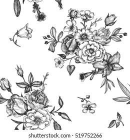 vintage vector floral seamless pattern in victorian style with flowers, buds and leaves, ink drawing, imitation of engraving, hand drawn background