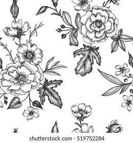 vintage vector floral seamless pattern in victorian style with flowers, buds and leaves, ink drawing, imitation of engraving, hand drawn background