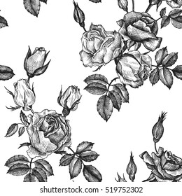 vectorial vectorial vintage sin fisuras en estilo victoriano con flores, brotes y hojas de rosas, dibujo de tinta, imitación de grabado, fondo dibujado a mano