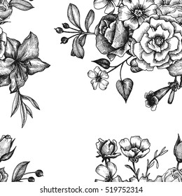 vintage vector floral seamless pattern in victorian style with flowers, buds and leaves, ink drawing, imitation of engraving, hand drawn background