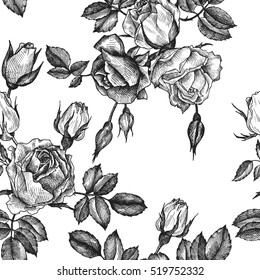 vintage vector floral seamless pattern in victorian style with flowers, buds and leaves of roses, ink drawing, imitation of engraving, hand drawn background
