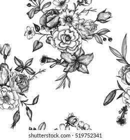 vintage vector floral seamless pattern in victorian style with flowers, buds and leaves, ink drawing, imitation of engraving, hand drawn background