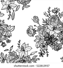vintage vector floral seamless pattern in victorian style with flowers, buds and leaves of roses, ink drawing, imitation of engraving, hand drawn background