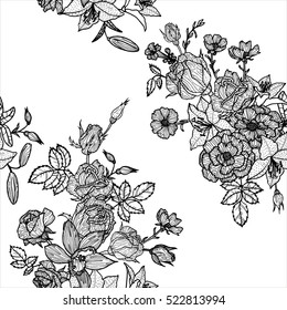 vintage vector floral seamless pattern in victorian style with flowers, buds and leaves of roses, ink drawing, imitation of engraving, hand drawn background