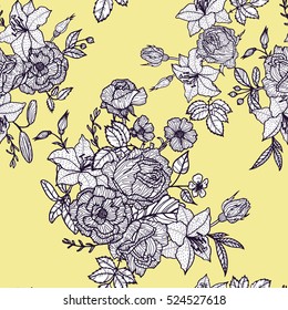 vintage vector floral seamless pattern in victorian style with flowers, buds and leaves of roses, ink drawing, imitation of engraving, hand drawn background