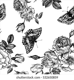 vintage vector floral seamless pattern in victorian style with flowers, buds, leaves and butterflies, ink drawing, imitation of engraving, hand drawn background