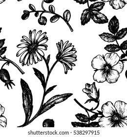 vintage vector floral seamless pattern in victorian style with flowers, buds and leaves, ink drawing, imitation of engraving, hand drawn background