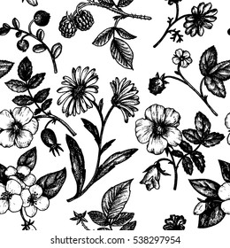 vintage vector floral seamless pattern in victorian style with flowers, buds and leaves, ink drawing, imitation of engraving, hand drawn background
