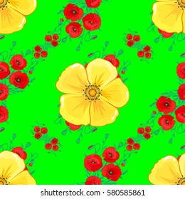 Vintage vector floral seamless pattern with many colorfil flowers over green background.