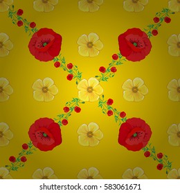 Vintage vector floral seamless pattern with many colorfil flowers over yellow background.