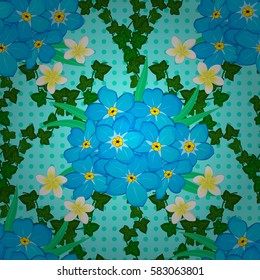 Vintage vector floral seamless pattern with many colorfil flowers over blue background.