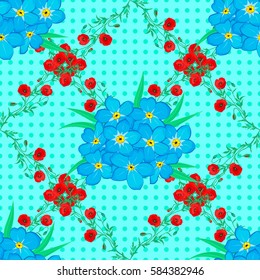 Vintage vector floral seamless pattern with many colorful flowers over blue background.