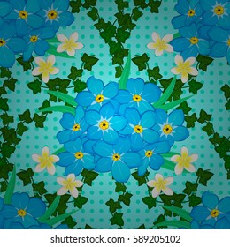 Vintage vector floral seamless pattern with many colorfil flowers over blue background.