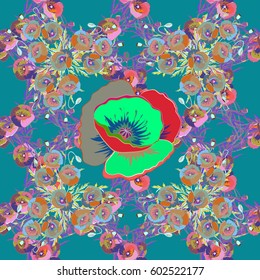 Vintage vector floral seamless pattern in green and pink colors.