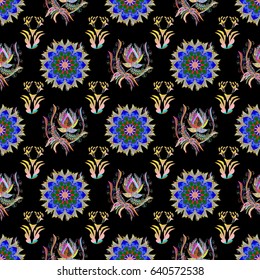 Vintage vector floral seamless pattern in black and pink colors.