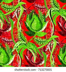 Vintage vector floral seamless pattern in green, red and neutral colors.