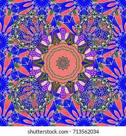 Vintage vector floral seamless pattern in blue, pink and beige colors.