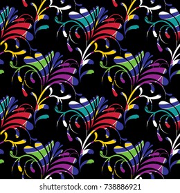 Vintage vector floral seamless pattern. Black background with colorful hand drawn flowers, swirl curve leaves and line art ornaments. Flourish illustration. Flowery wallpaper. Design for print, fabric