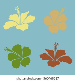 Vintage vector floral set with four hibiscus flowers in green, brown and yellow colors.