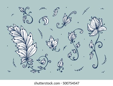 Vintage Vector Floral Set. Hand drawn Decorative Leaves with Flower. Ornamental Leaf design elements