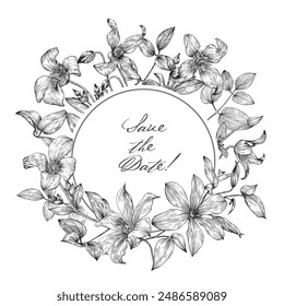 Vintage Vector floral template for design greeting card wedding invitation square. Clematis flowers and leaves, engraved elements, arrangement in a circle. Hand drawn illustration black and white