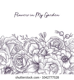 vintage vector floral template with flowers and leaves, imitation of engraving, hand drawn design element