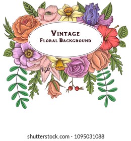 vintage vector floral template with flowers, buds and leaves of roses and narcissus, imitation of engraving, hand drawn illustration
