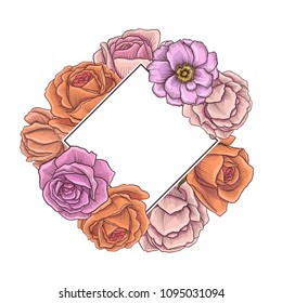 vintage vector floral template with flowers, buds and leaves of roses, imitation of engraving, hand drawn illustration