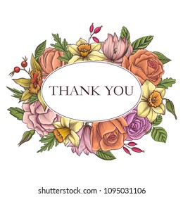vintage vector floral template with flowers, buds and leaves of roses and narcissus, imitation of engraving, hand drawn illustration