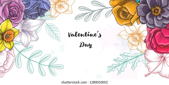 vintage vector floral template with flowers and leaves, hand drawn background for cover design, flyer or gift crad
