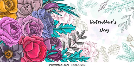 vintage vector floral template with flowers and leaves, hand drawn background for cover design, flyer or gift crad