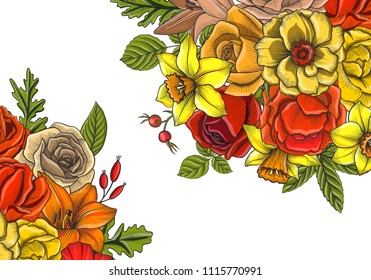 vintage vector floral template with rose flowers and leaves, hand drawn background for cover design, flyer or gift crad