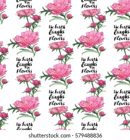 Vintage vector flower patch embroidery in watercolor style. The Earth laughs in flowers quote and floral peony bouquet on white wallpaper background. Beautiful floral seamless pattern.