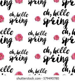 Vintage vector flower patch embroidery in watercolor style. Peony bouquet and quote inscription: oh hello spring elements on white wallpaper background. Beautiful floral seamless pattern.