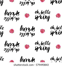 Vintage vector flower patch embroidery in watercolor style. Peony bouquet and quote inscription: oh hello spring elements on white wallpaper background. Beautiful floral seamless pattern.