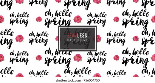 Vintage vector flower patch embroidery in watercolor style. Peony bouquet and quote inscription: oh hello spring elements on white wallpaper background. Beautiful floral seamless pattern.
