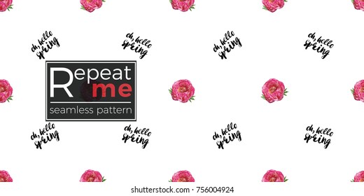 Vintage vector flower patch embroidery in watercolor style. Peony bouquet and quote inscription: oh hello spring elements on white wallpaper background. Beautiful floral seamless pattern.