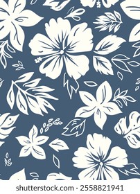 Vintage vector flowers and leaves 2d drawing, bi-colored seamless pattern illustration... change the size or colors of the print without loosing it's quality.