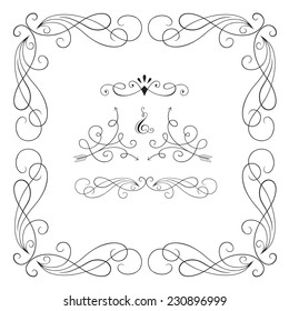 Vintage vector frame, border, divider, corner. Retro elements collection. Page decor elements for calligraphy design. (black and white)