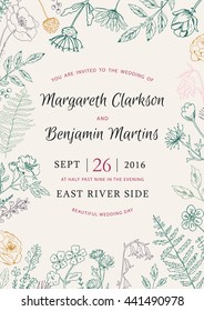 Vintage vector frame. Botanical wedding invitation with wild flowers. Old botanical illustration style. Colored